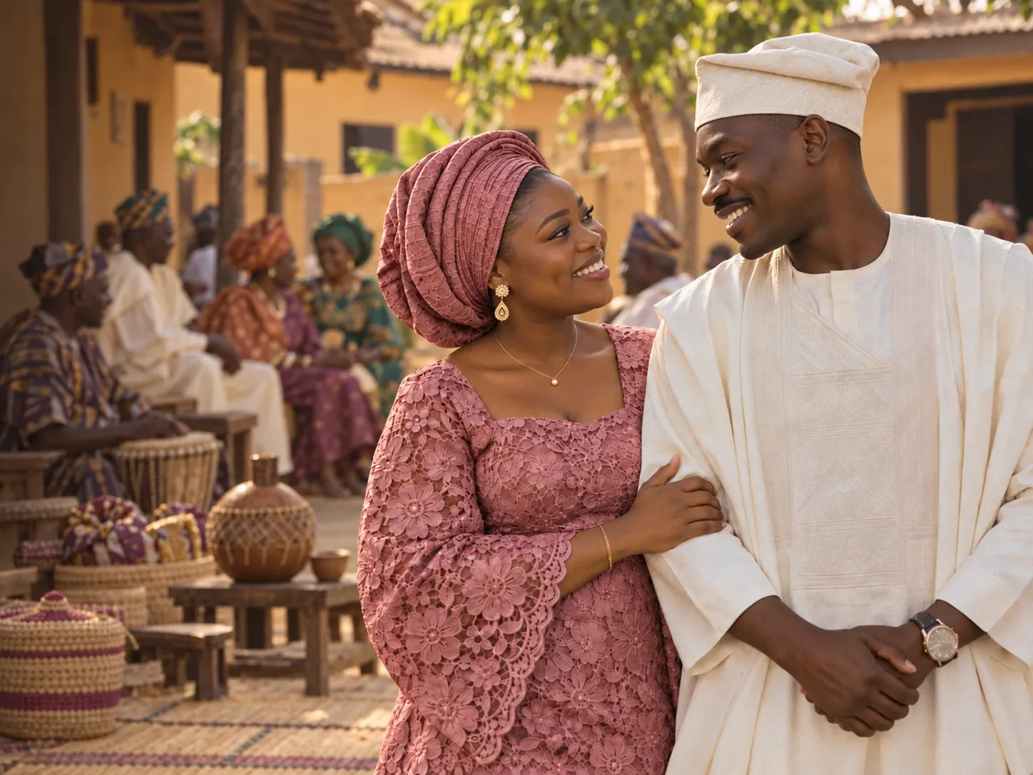 A Nigerian couple smiling at each other at a traditional marriage celebration
